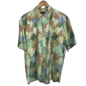 Tori Richard Hawaiian Shirt Men's Size L Tan Blue Palm Leaves Button Up